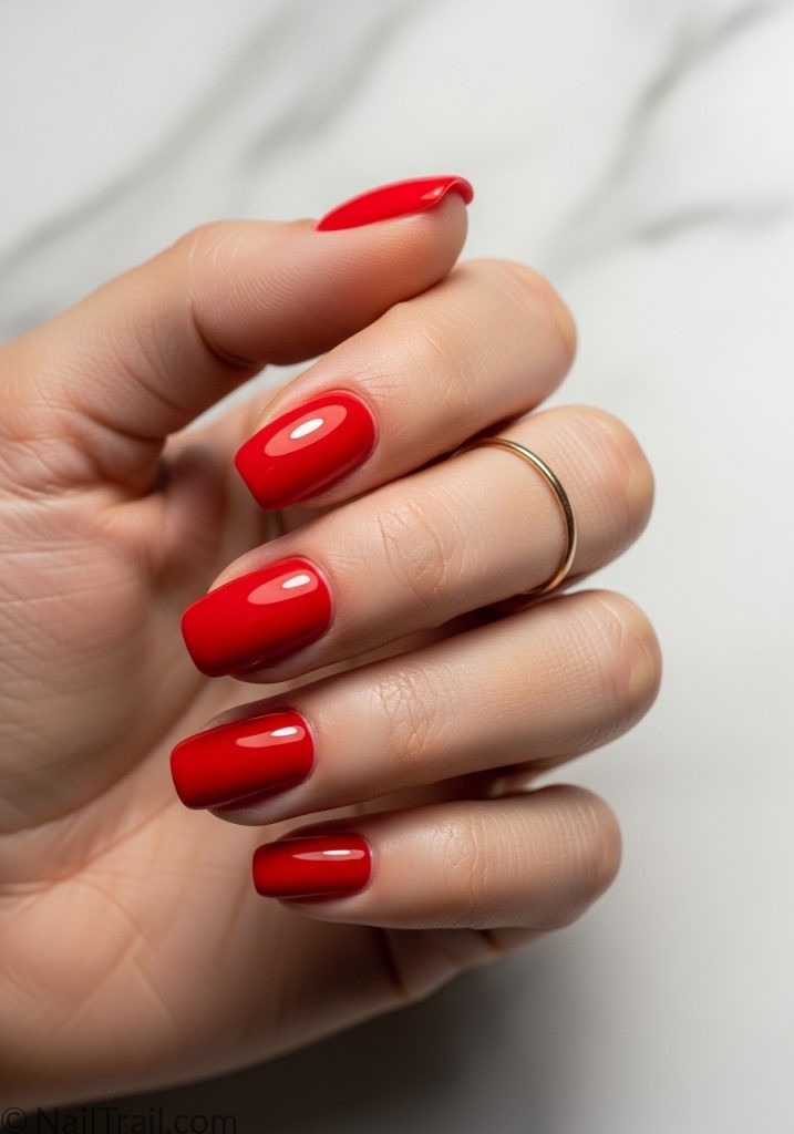 Light hand with vivid red short square nails simple short summer nails red square