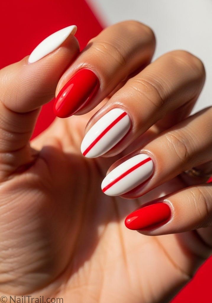 Medium tan hand with red white short almond nails stripe detail simple short summer nails red white almond
