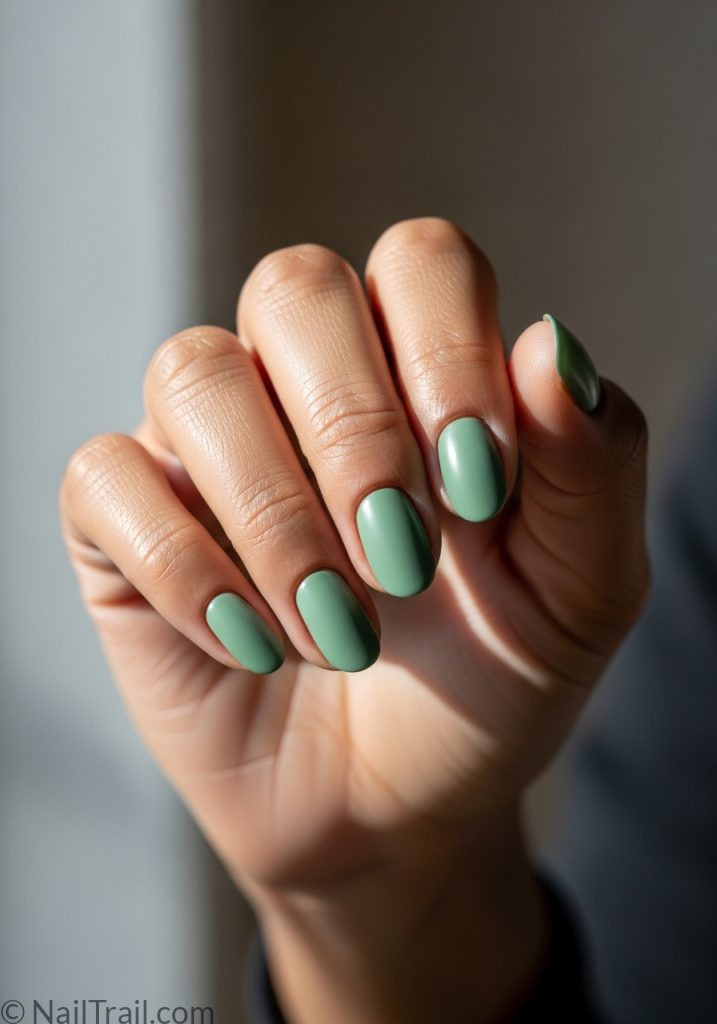 Medium brown hand with sage green short oval nails simple short summer nails green