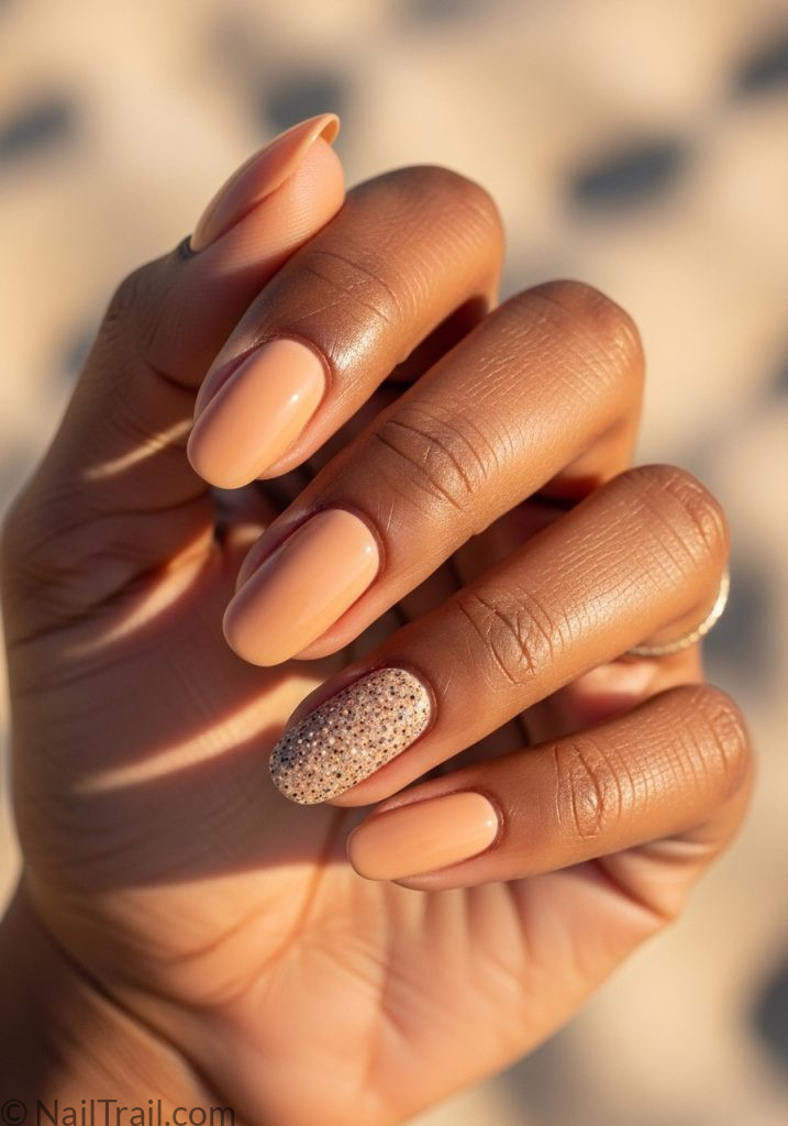 Dark hand with very short sandy beige oval nails speckled sand texture very short summer nails beach