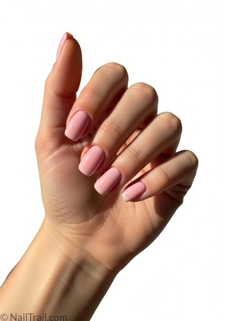 Fair hand with very short pink round nails very short summer nails pink simple