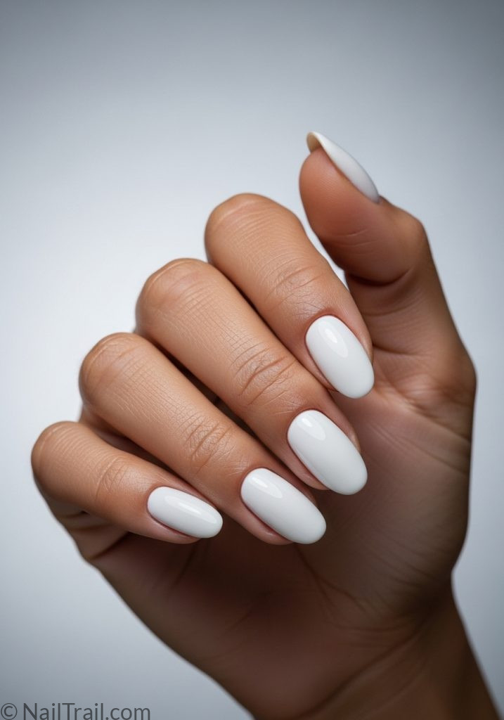 Medium brown hand with white short almond nails simple short summer nails white almond