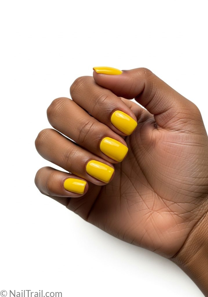 Dark hand with bright yellow short round nails simple short summer nails yellow bright round