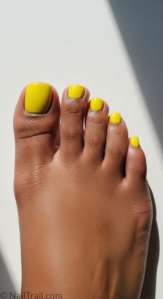 Deep brown skin foot with lemon yellow toe nails summer toe nails bright colors dark skin