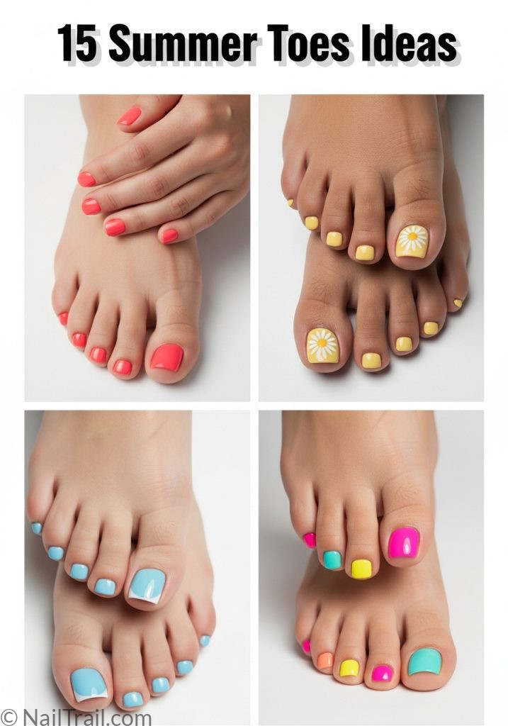 Collage of four summer toes nail designs including coral, yellow daisy, blue French tip, and multicolor toe nails