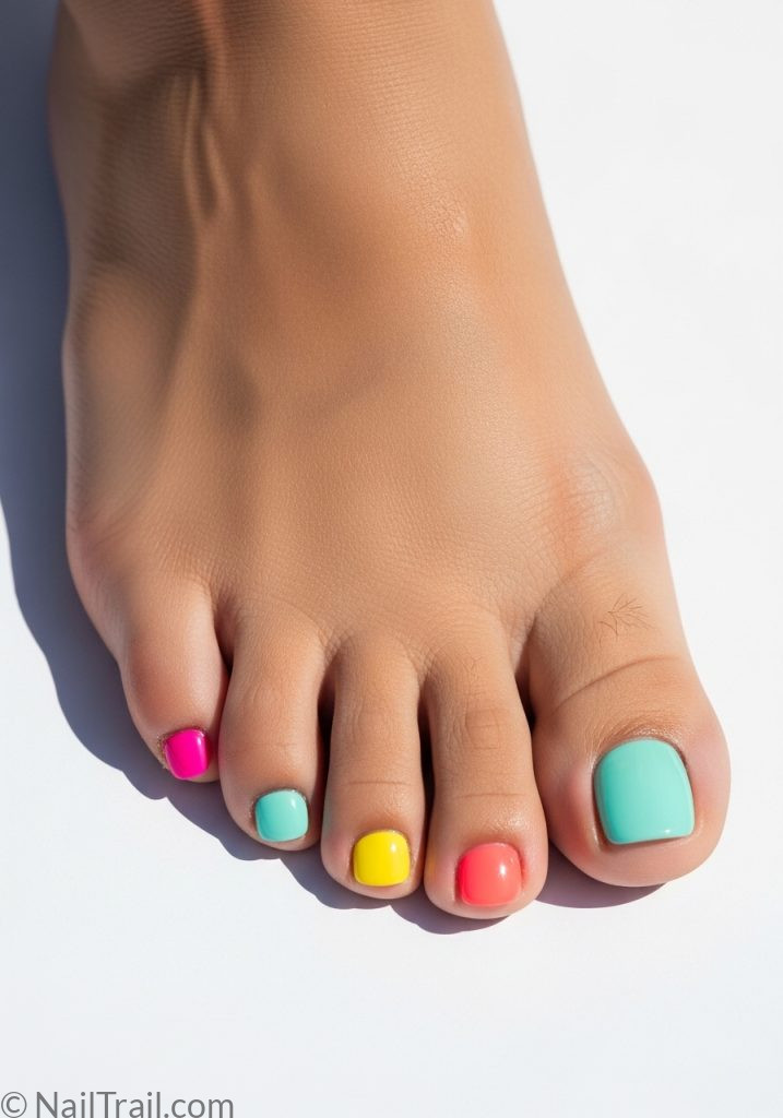 Medium tan foot with multicolor bright toe nails pink yellow coral mint blue cute summer toes colors designs