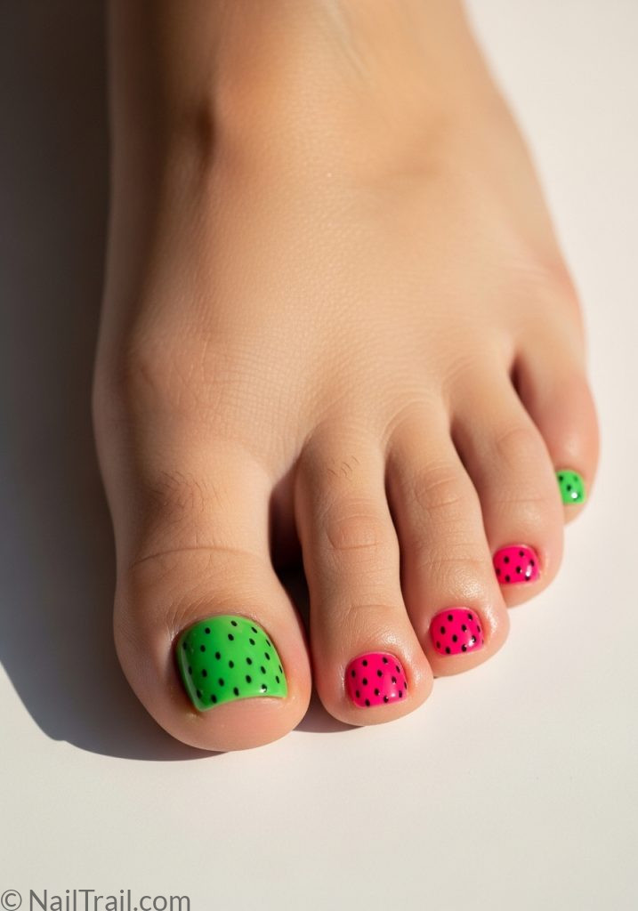 Light tan foot with pink green watermelon toe nails seed dots cute summer toes designs pink