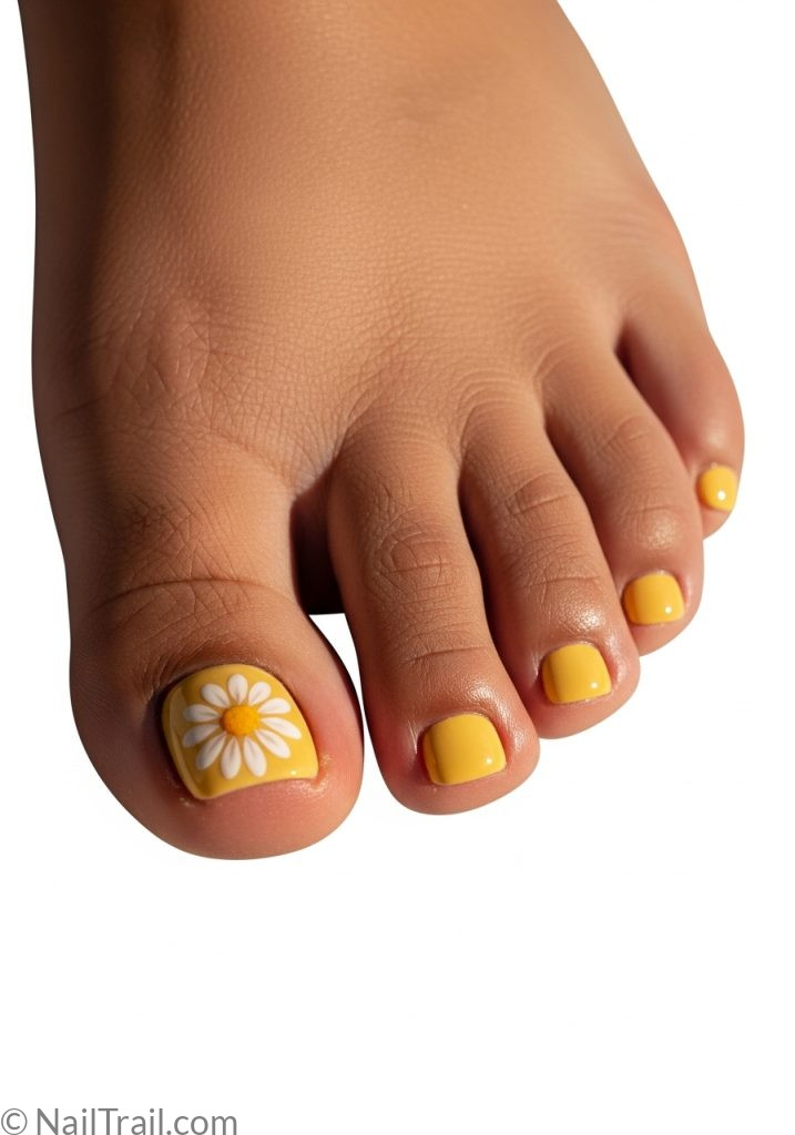 Medium brown foot with yellow toe nails white daisy big toe summer toes nails yellow cute designs