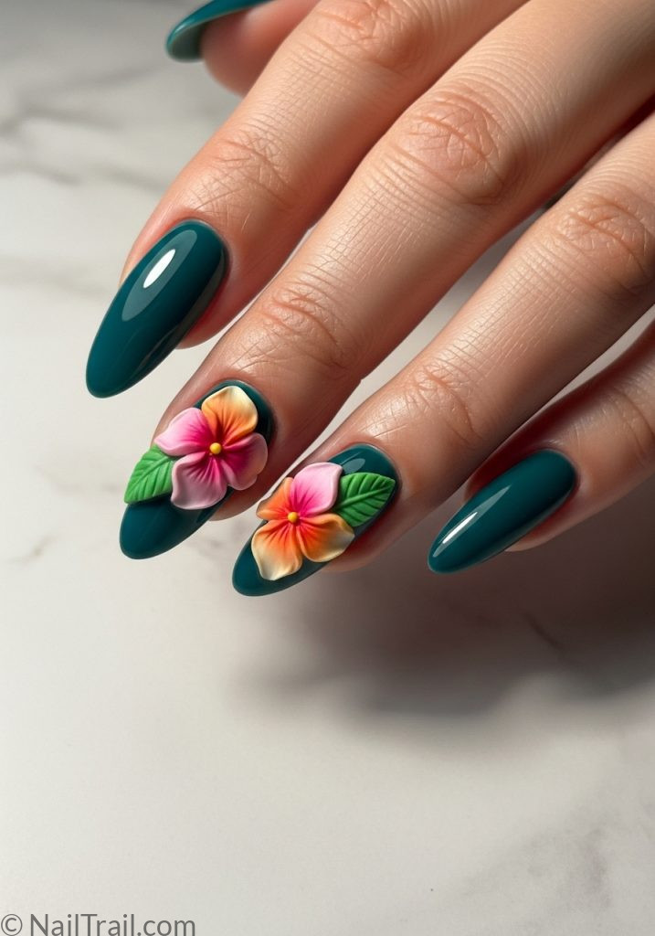 Medium fair hand with teal almond nails 3D tropical flower petals tropical nails almond 3d