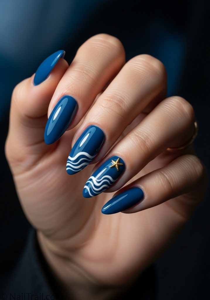 Medium tan hand with ocean blue almond nails wave art starfish tropical almond nails blue