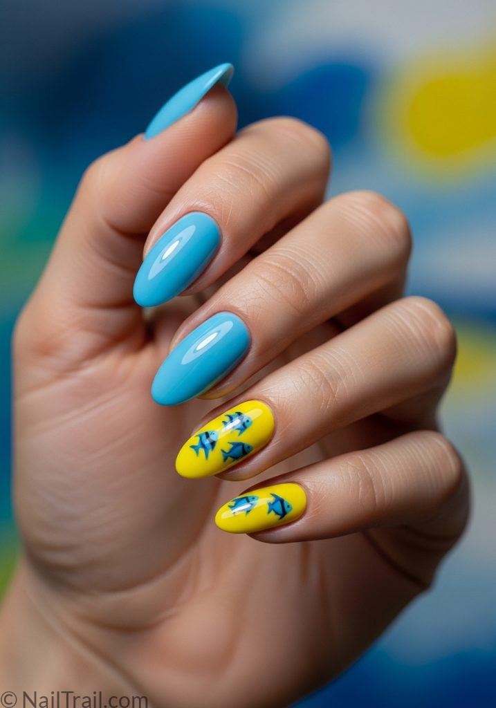 Light tan hand with blue yellow almond nails tropical fish art tropical almond nails blue yellow