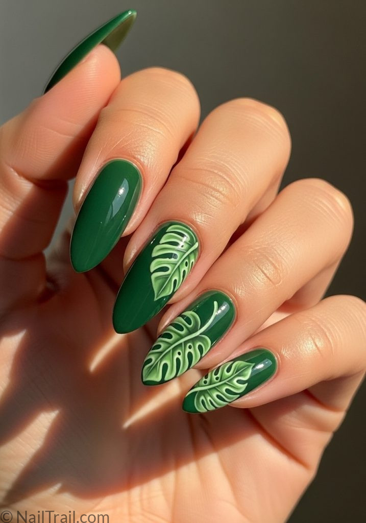 Light tan hand with jungle green almond nails monstera leaf art tropical almond nails green long