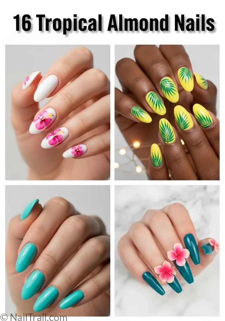 Collage of four tropical almond nail designs including pink hibiscus white, yellow palm leaf, turquoise short, and 3D flower teal almond nails