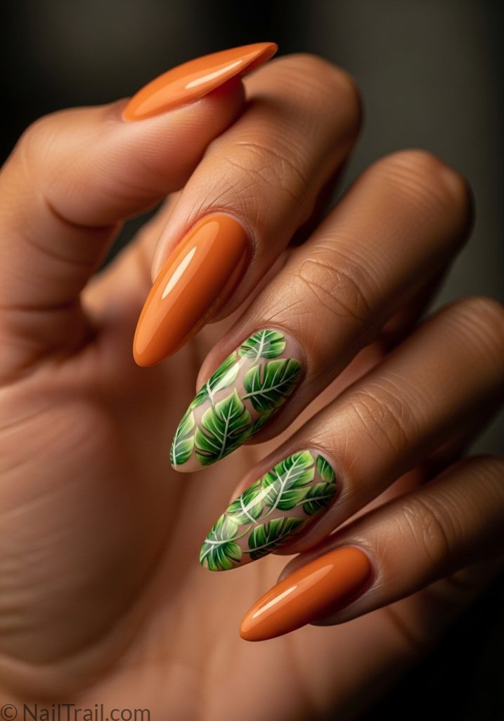 Dark hand with orange almond nails green tropical leaf art tropical almond nails orange green long