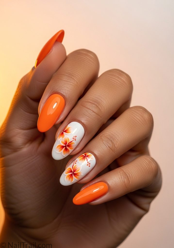 Medium brown hand with orange white almond nails tropical flower art tropical almond nails orange