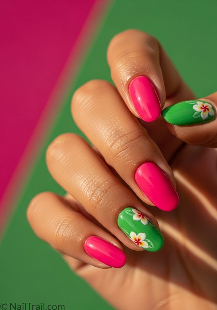 Medium brown hand with pink green short almond nails tropical flower tropical almond nails pink short