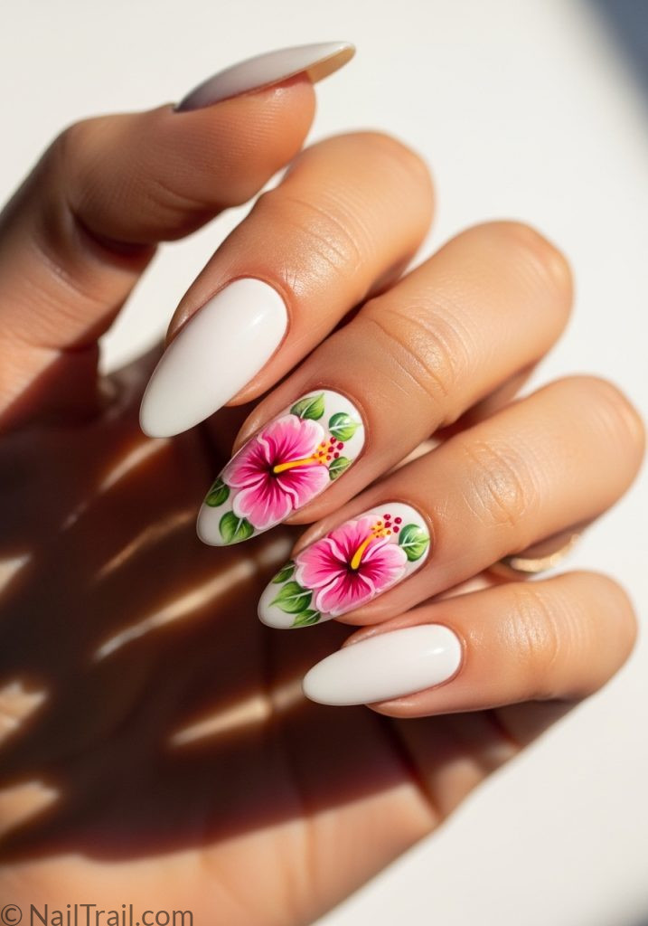 Light hand with white almond nails pink hibiscus flower art tropical almond nails pink long