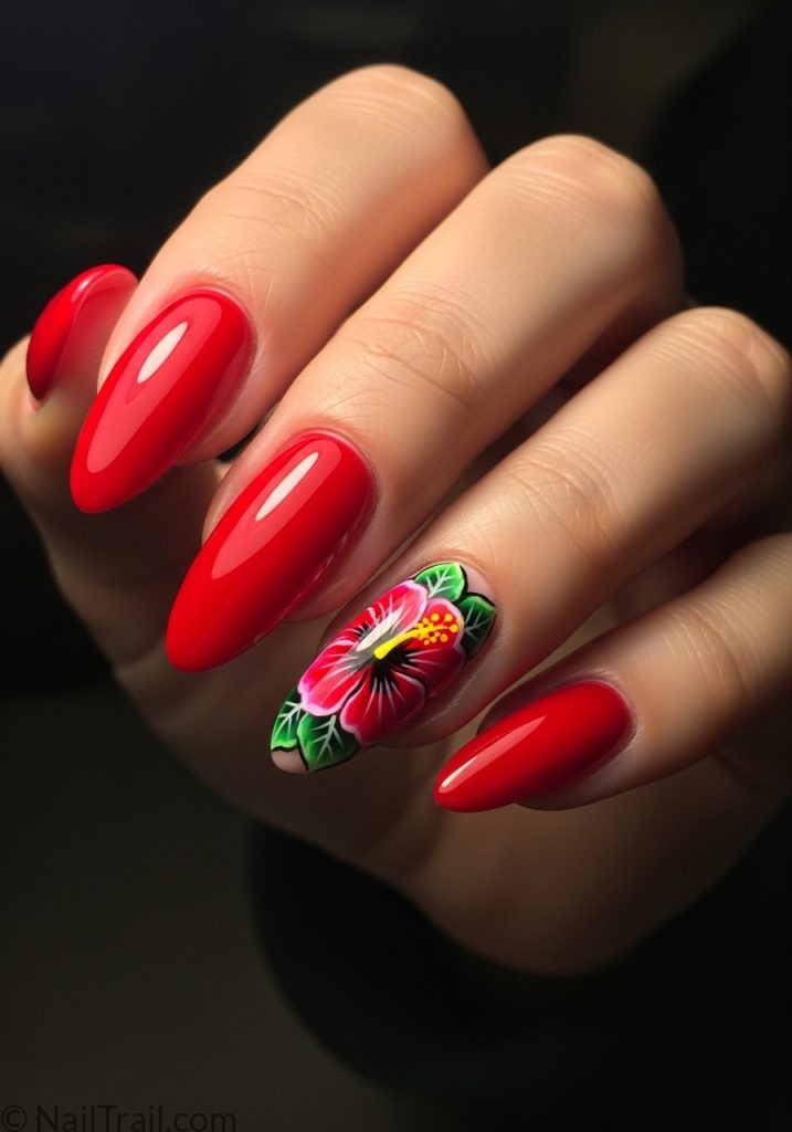Light hand with red almond nails hibiscus flower art tropical almond nails red long