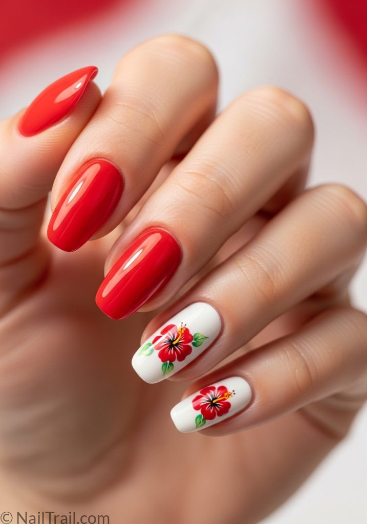 Medium fair hand with red white short almond nails hibiscus art tropical almond nails red short designs