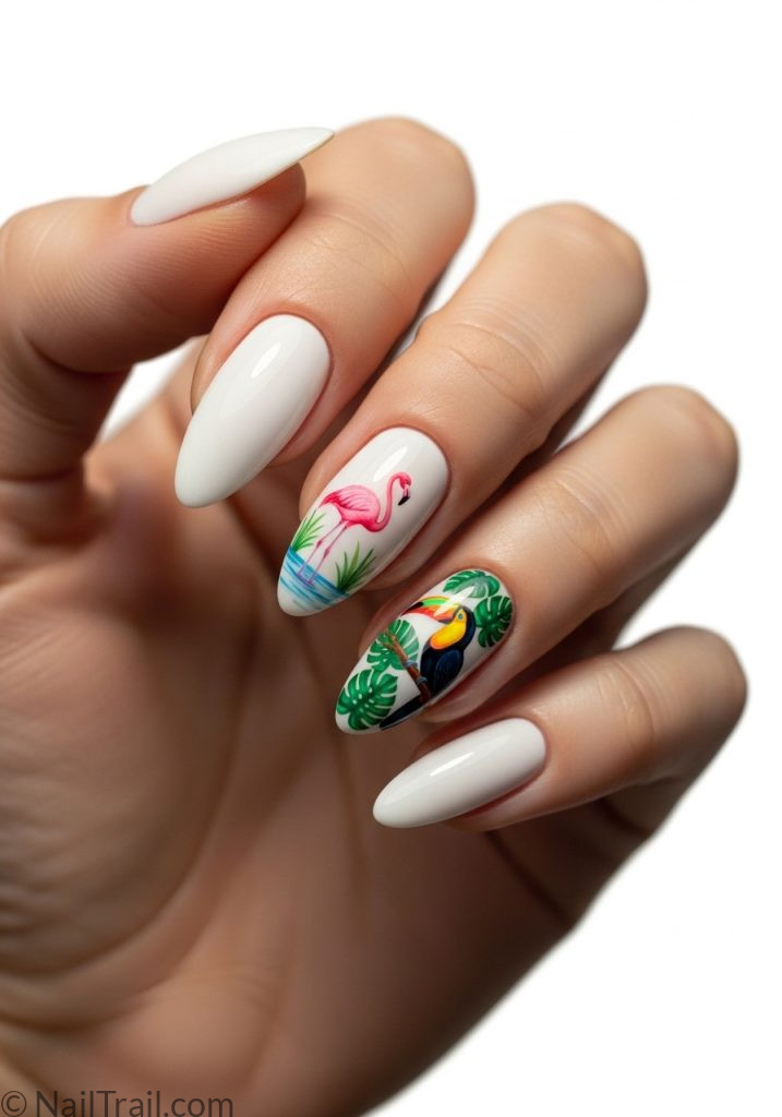 Fair hand with white almond nails flamingo toucan art tropical almond nails white long designs