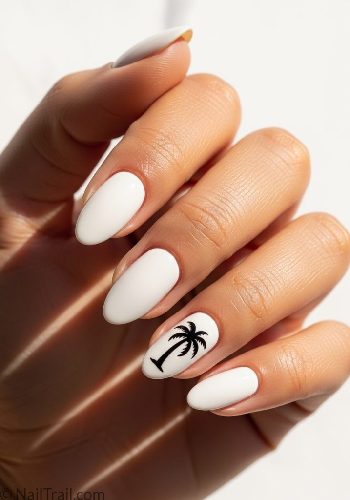 Light brown hand with white short almond nails palm tree accent tropical almond nails white short simple