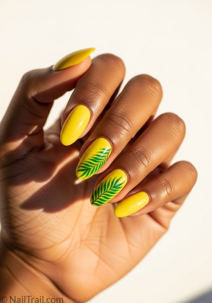 Dark hand with yellow almond nails green palm leaf art tropical almond nails yellow green