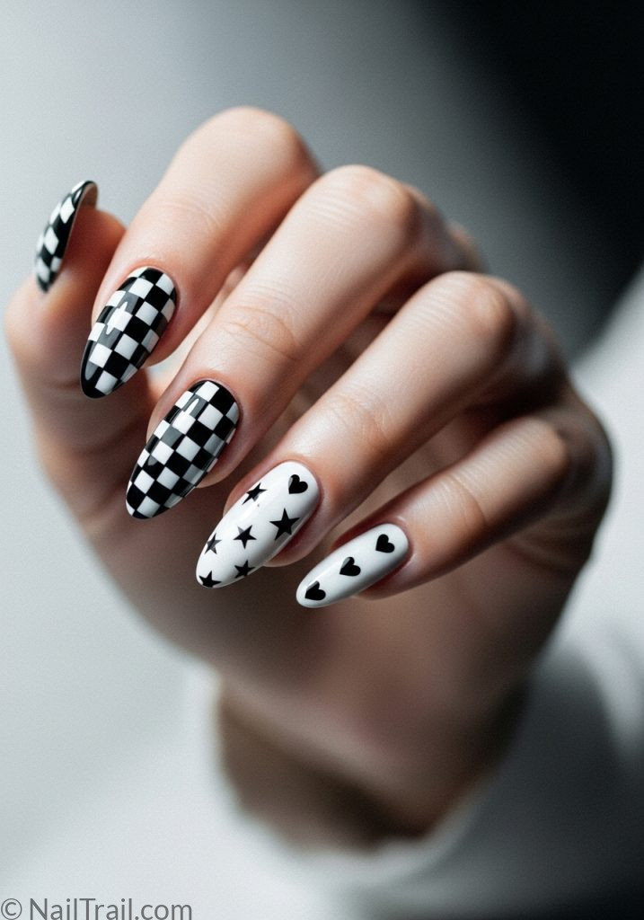 Fair hand with black white almond nails checkerboard star heart black and white y2k nails almond