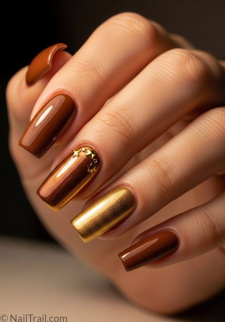 Light tan hand with brown gold chrome square nails star gems brown y2k nails square