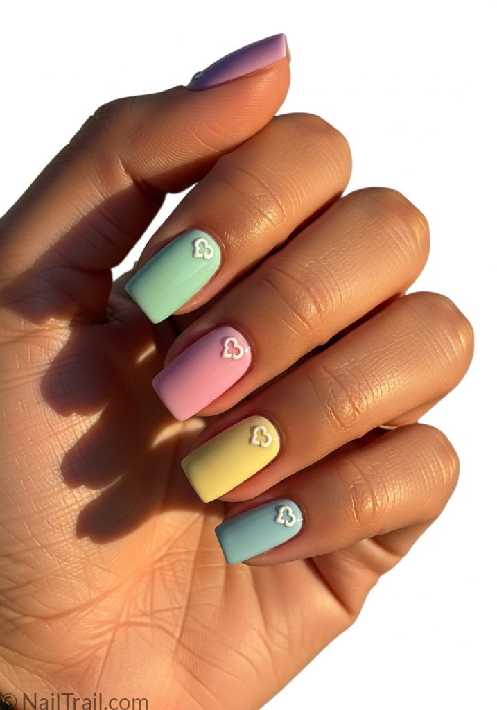 Medium tan hand with pastel rainbow short square nails star heart cute y2k nails short square simple