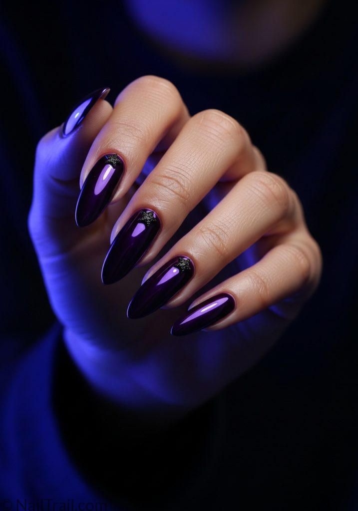 Medium brown hand with dark purple chrome almond nails star gems dark y2k nails almond
