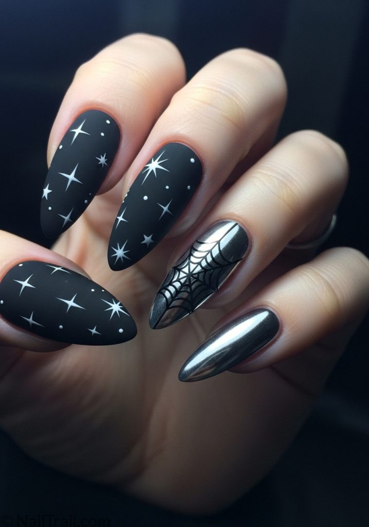 Fair hand with black silver stiletto nails star cross spider web emo y2k nails stiletto