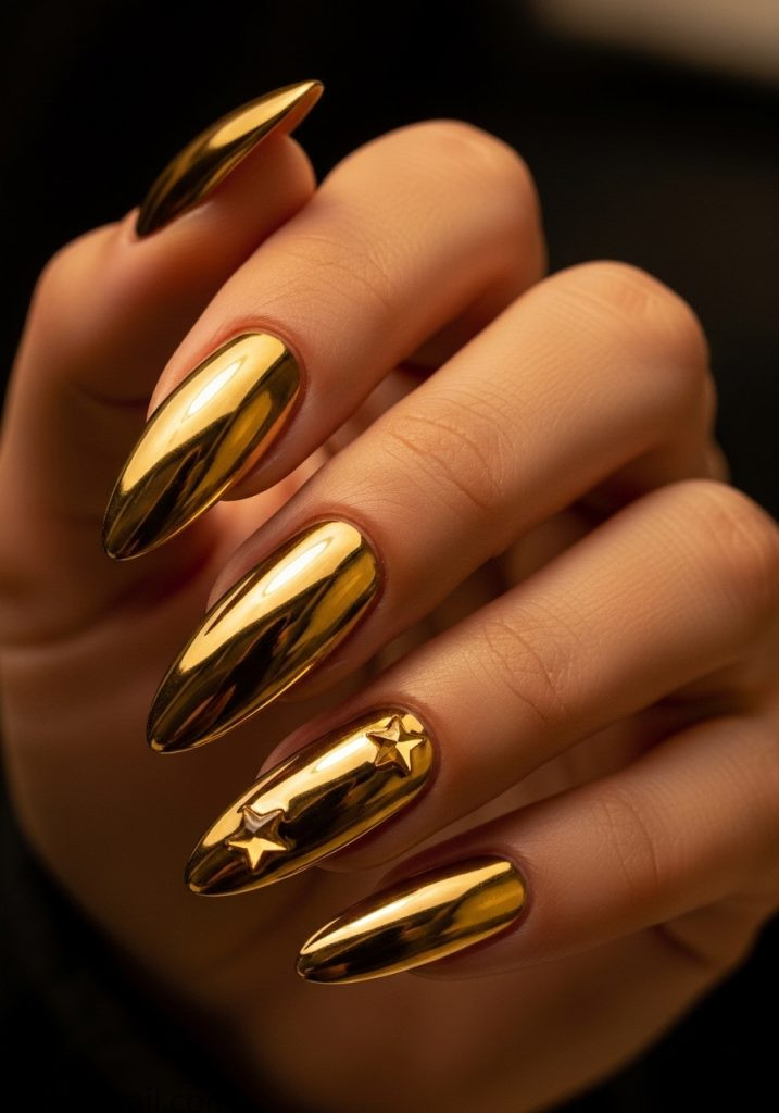 Medium tan hand with gold chrome almond nails star gems gold y2k nails almond long