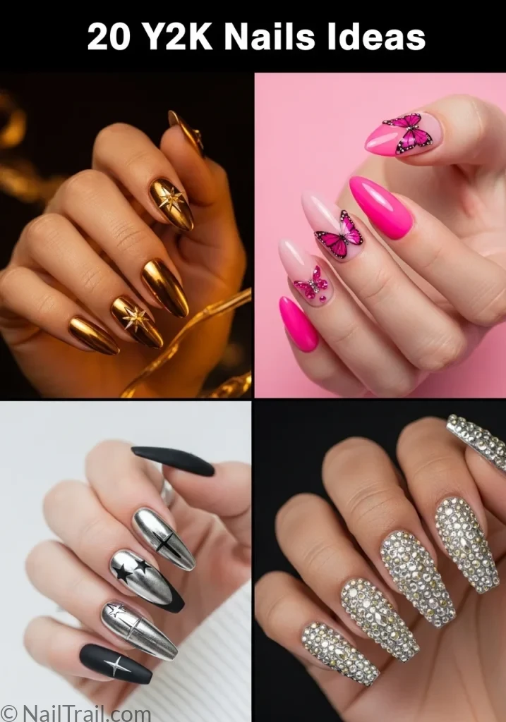 Collage of four y2k nail designs including gold chrome almond, hot pink butterfly almond, black silver stiletto, and full gem chrome coffin nails