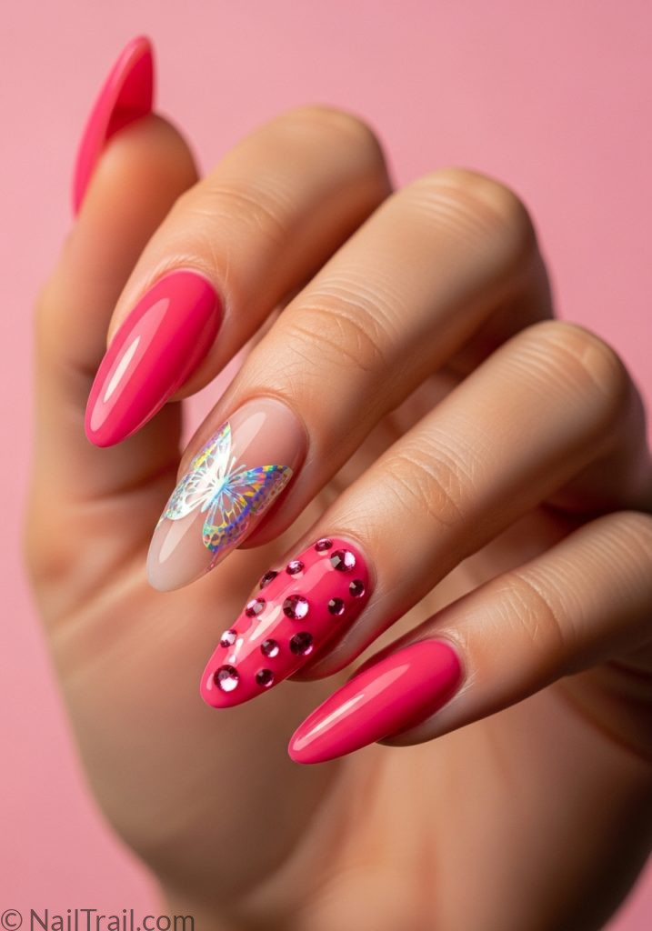 Light hand with hot pink almond nails butterfly rhinestones hot pink y2k nails almond