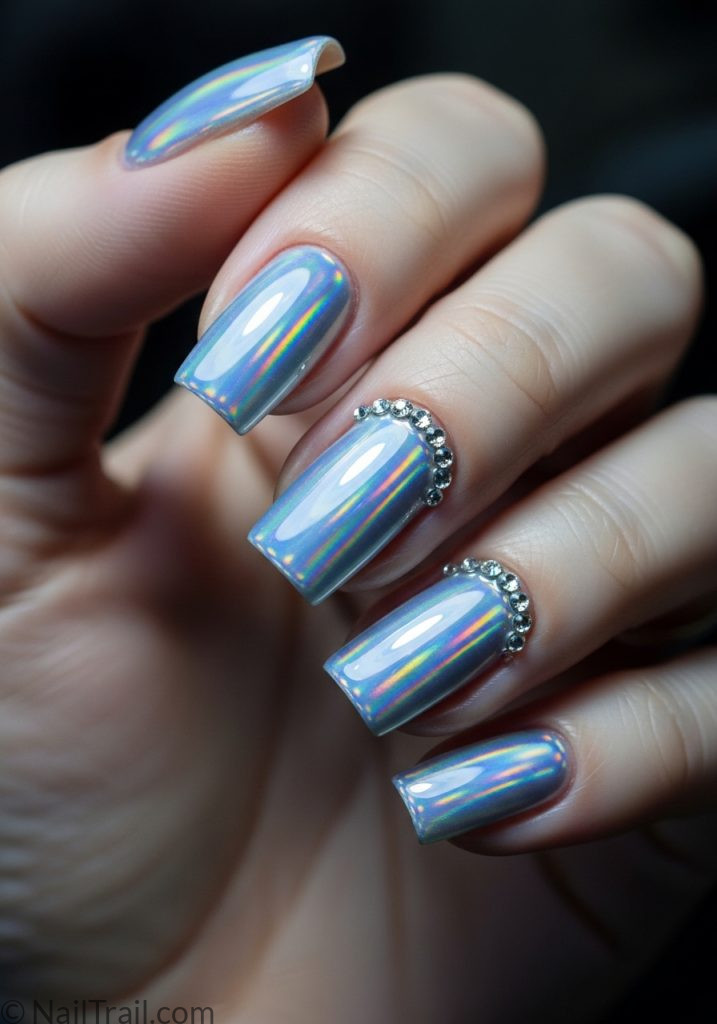 Fair hand with silver holographic square nails rhinestones silver y2k nails square nail inspo square y2k