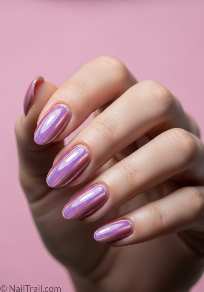 Medium fair hand with pink holographic short almond nails simple y2k nails short almond cute