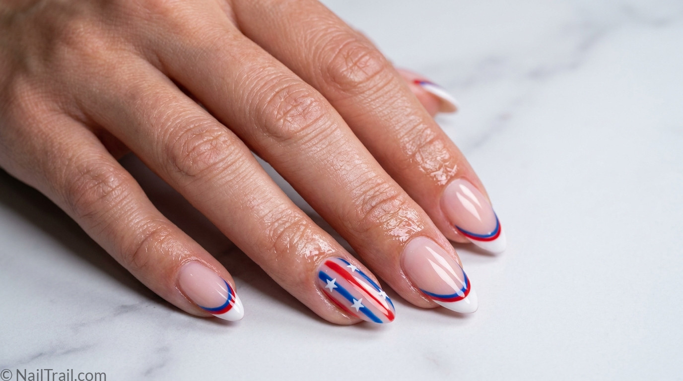 memorial day nails red white blue gel almond star french tip glossy patriotic
