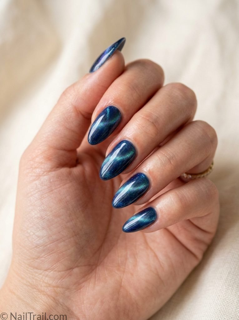 cat eye press on summer nails blue aurora almond magnetic glossy convenient stunning