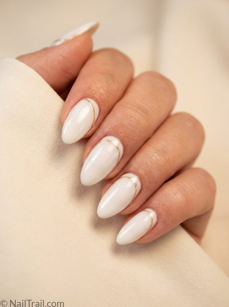 simple vacation nails white gold line almond glossy elegant sophisticated wearable travel
