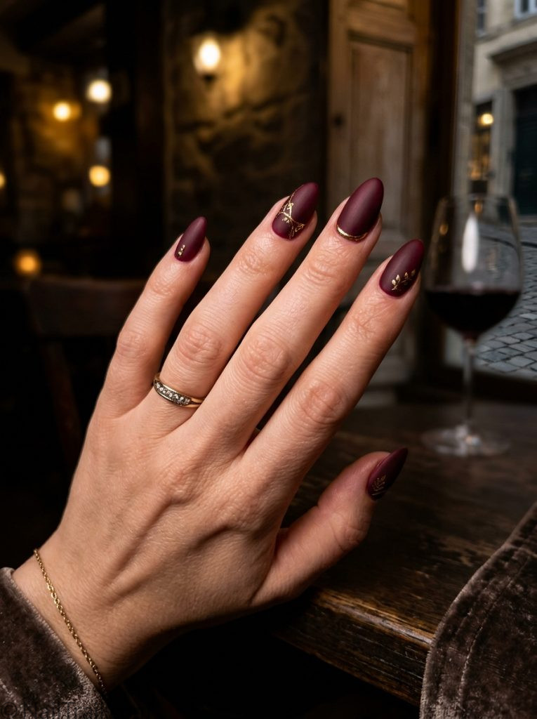 europe vacation nails burgundy matte almond sophisticated elegant moody travel European city