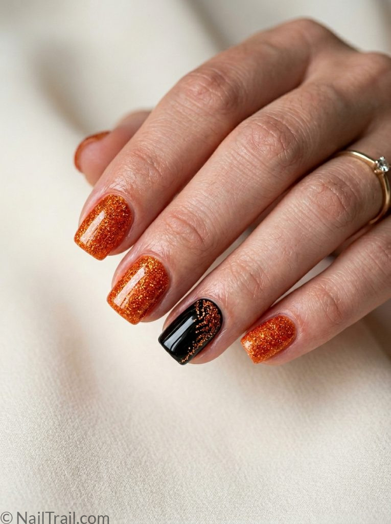 no doubt nails short square shape orange glitter black accent nail glossy finish cream background
