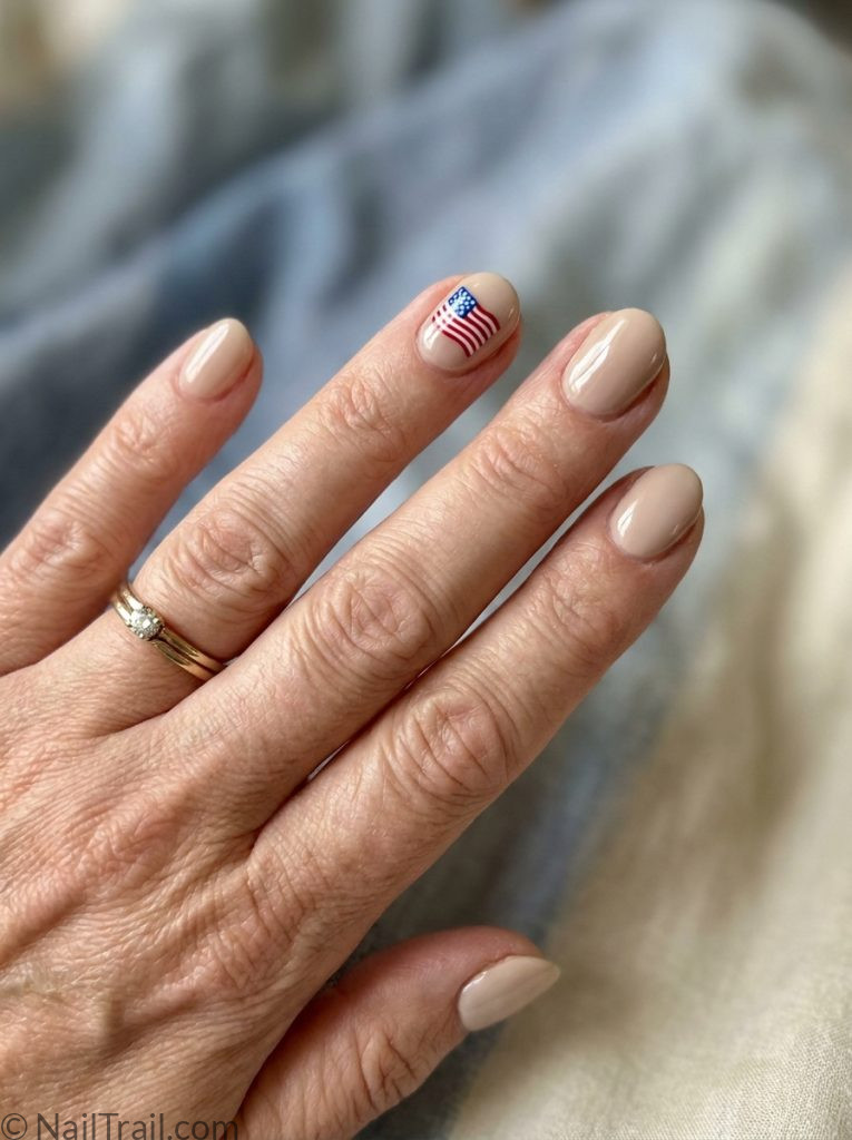 simple memorial day gel nails neutral beige flag detail accent oval glossy