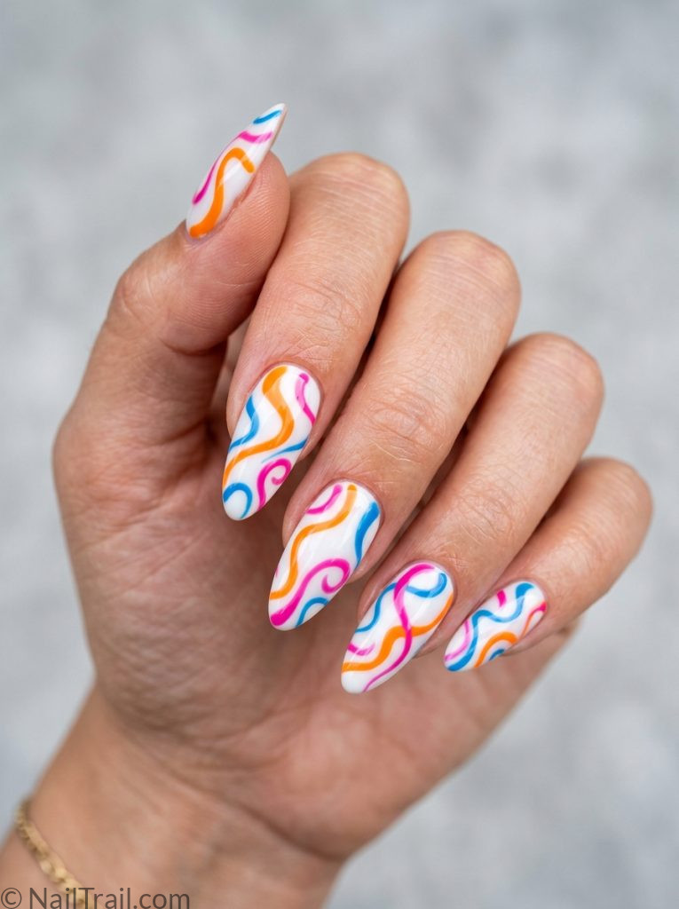 simple funky nail designs acrylic long almond multicolor squiggle white glossy
