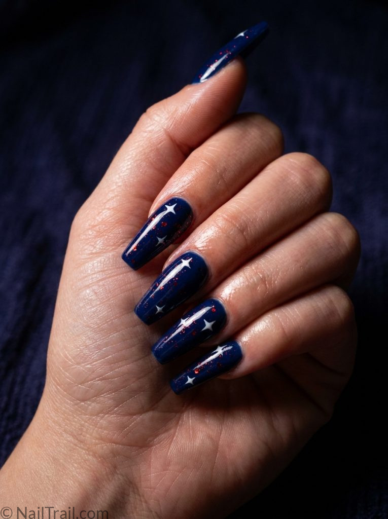 memorial day acrylic nails long blue coffin white star red glitter glossy
