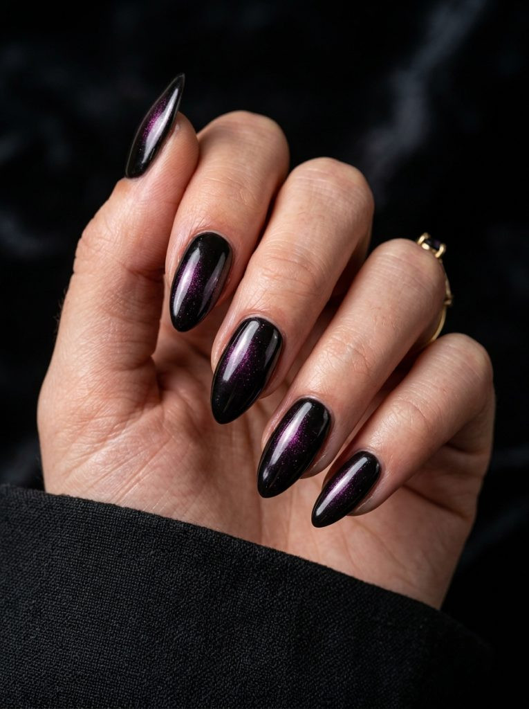 emo baddie nails black chrome almond dark purple shimmer glossy moody