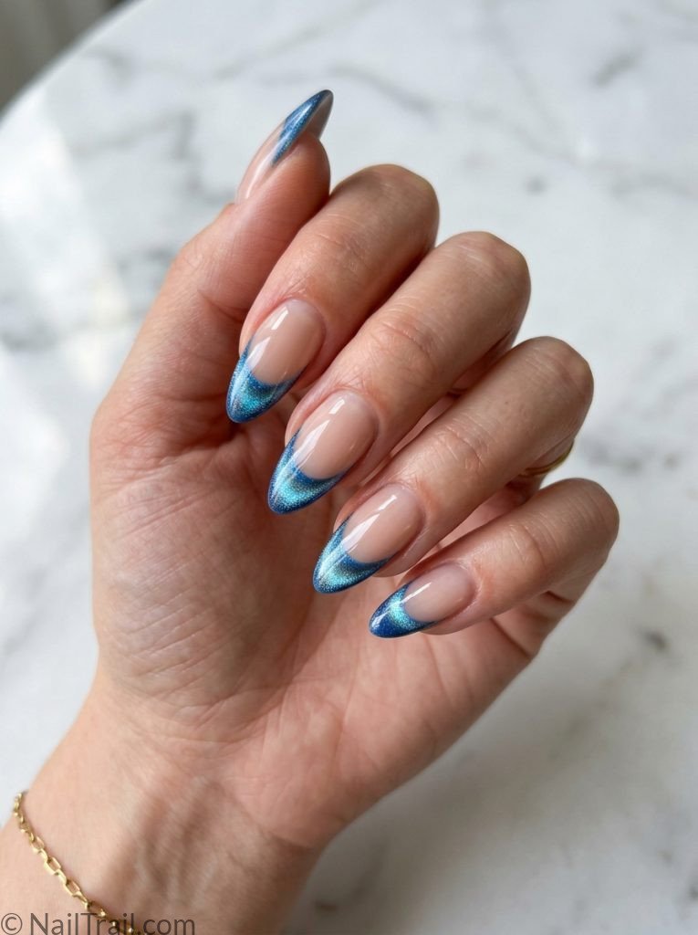 french cat eye summer nails blue magnetic tip nude almond glossy elegant modern subtle