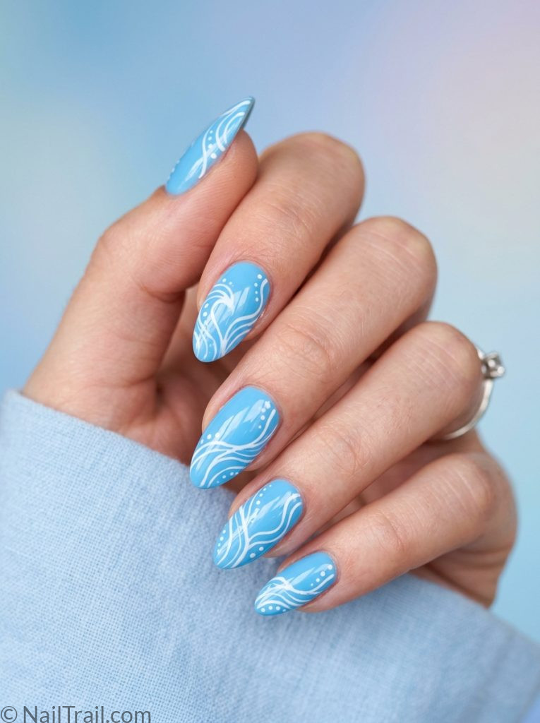blue funky nails sky blue white wave line dots almond glossy