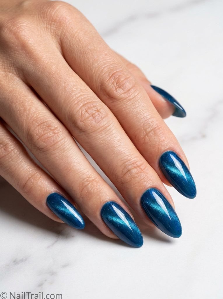 cat eye summer nails blue aurora almond magnetic shimmer glossy mesmerizing ocean