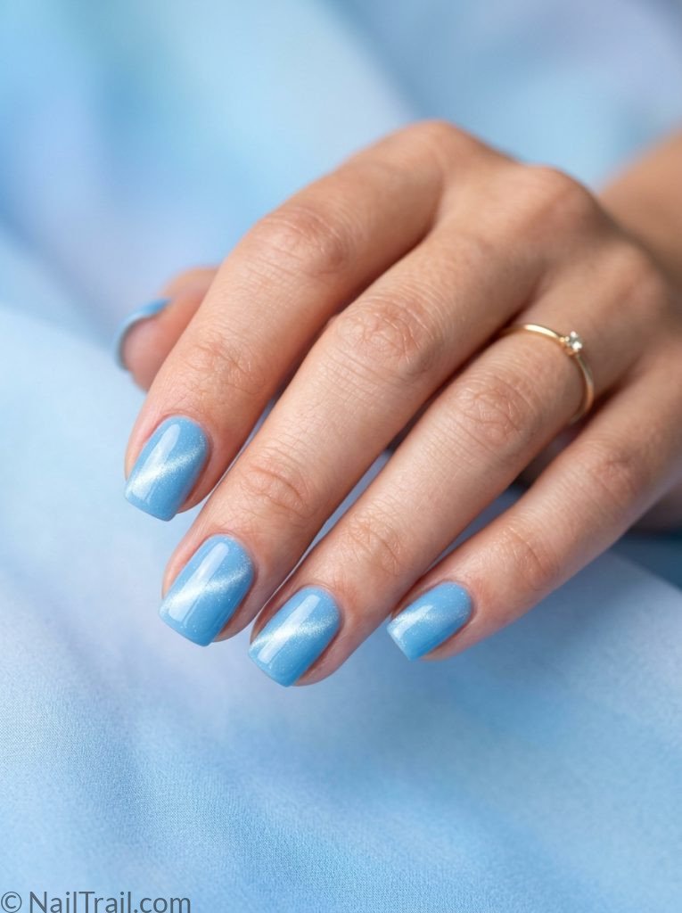 cat eye summer nails blue light sky shimmer short square magnetic glossy fresh serene