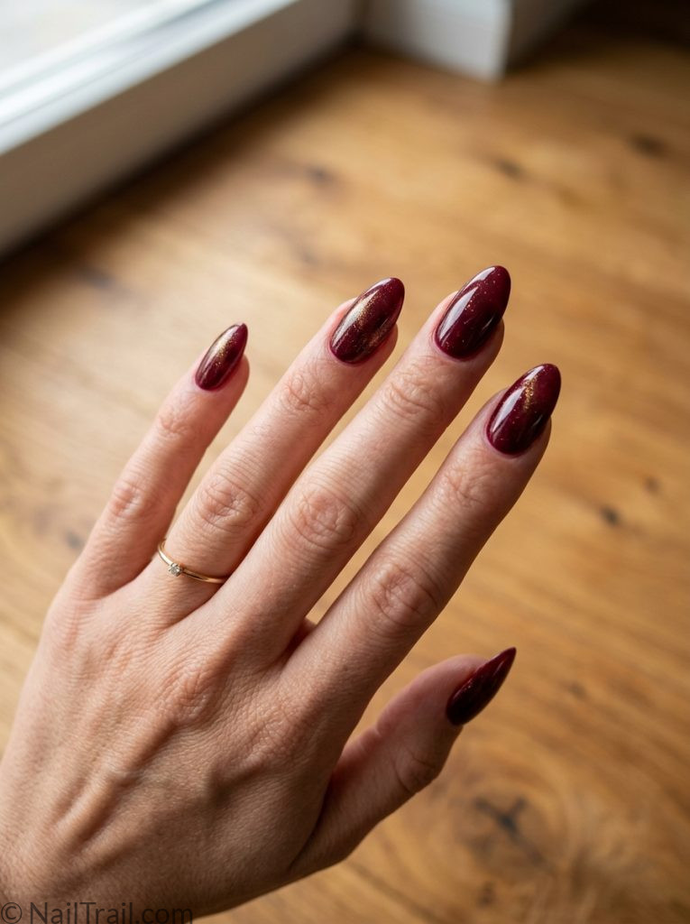 baddie nails set matching burgundy gel gold shimmer almond glossy